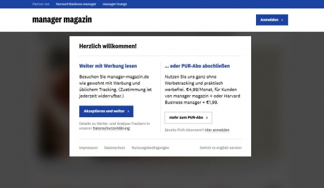 Eine Einblendung beim Aufrufen von manager-magazin.de stellt Nutzer vor die Wahl: dem Werbetracking zustimmen oder ein Abo abschlieen/ Foto: Screenshot